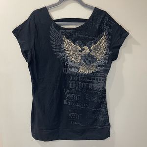 Black Harley-Davidson T Shirt with Yellow Eagle and Open Bacj